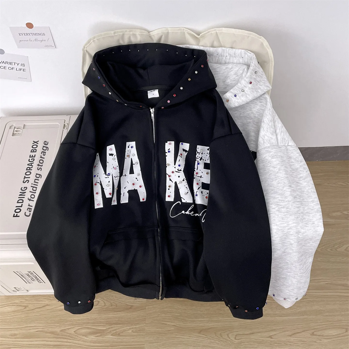 

American Streetwear Letter Rhinestone Hoodie Men's Spring Autumn Super Beautiful Couple's Hooded Sweatirt High-End Open Car...