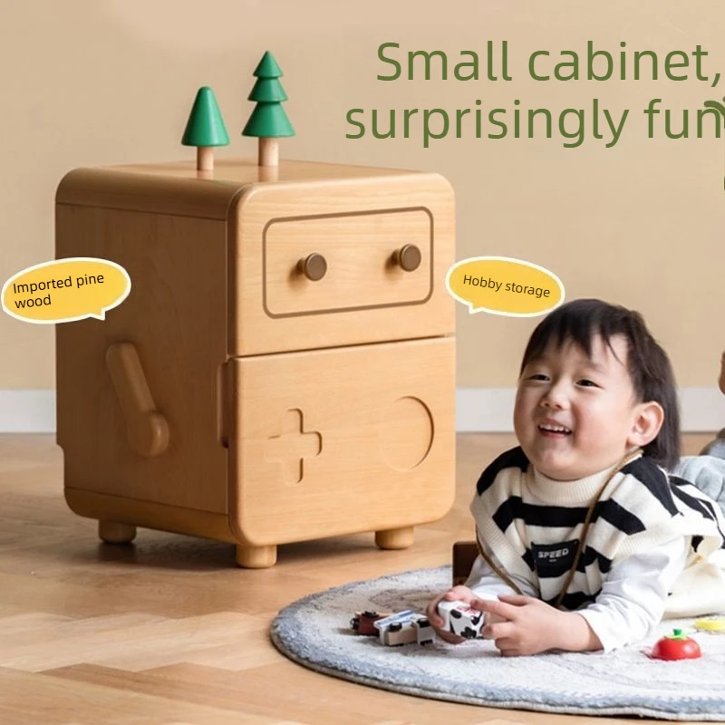 Solid Wood Bedside Table Cartoon Robot Style Storage Cabinet Kids Bedroom Household Locker
