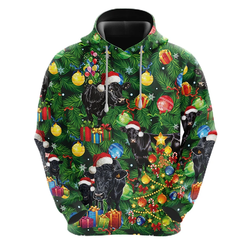 

2024 Xmas Cow 3D Printed Hoodies For Men Merry Christmas Pet Cows Ornament Graphic Sweatshirt Casual Unisex Pullovers Women Tops