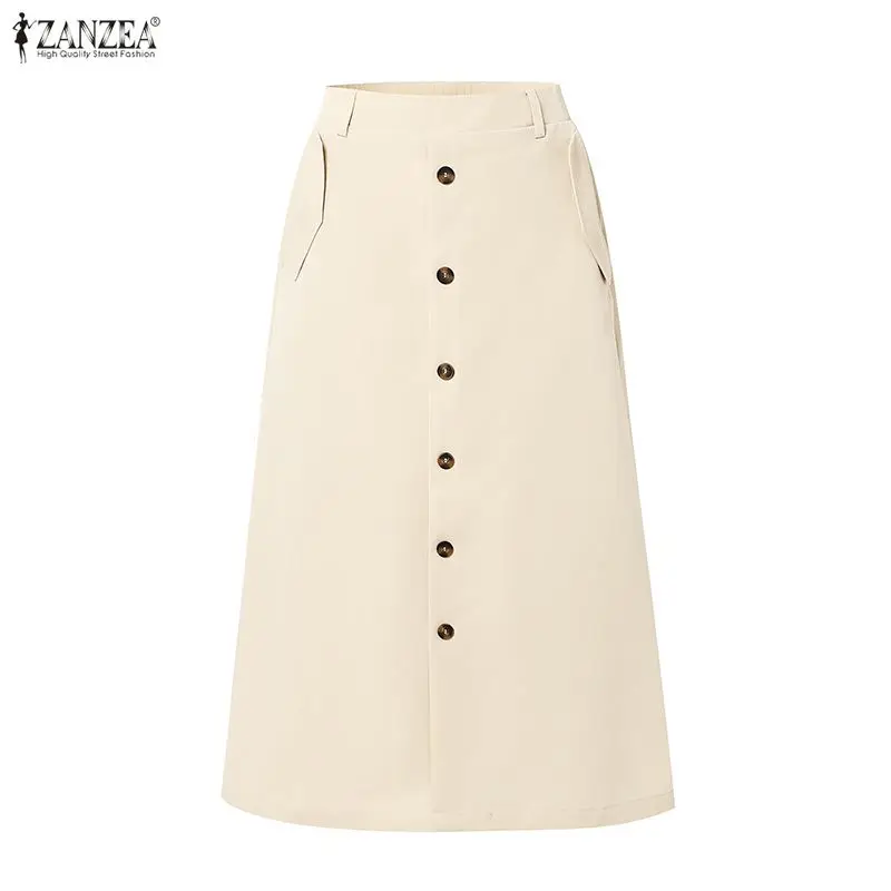 Fashion ZANZEA Women Skirt High Waist A-Line Midi Skirt Button Front Office Work Solid Color Spring Autumn Vestidos