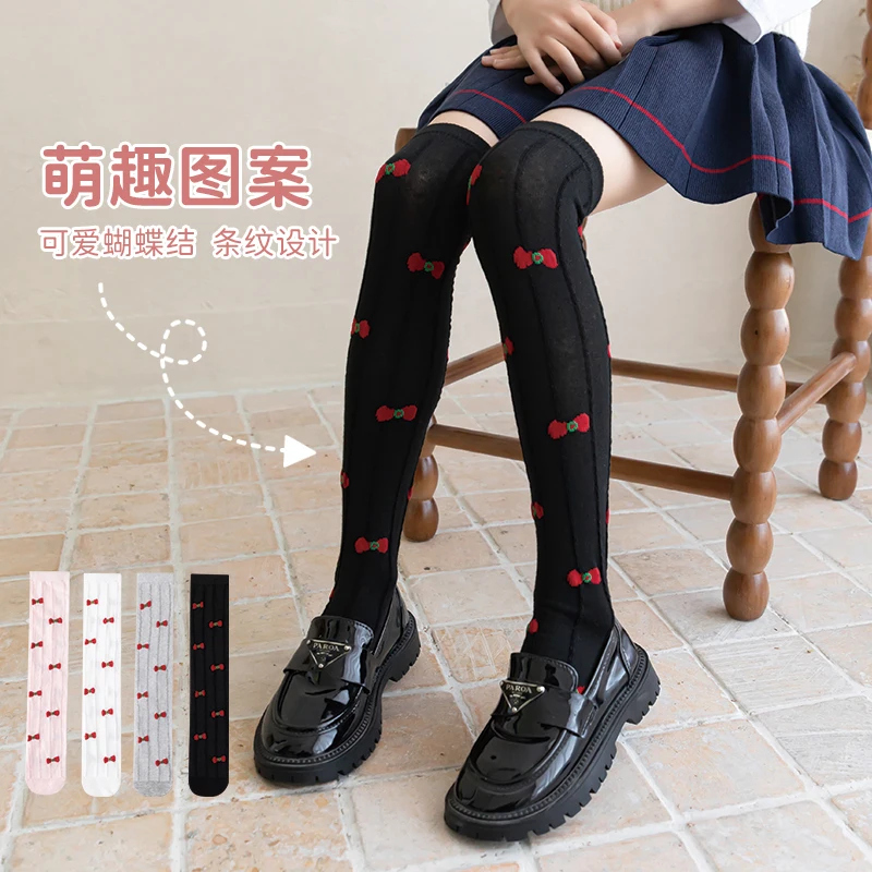 Lovely Girls Spring Autumn High Knee Socks Sweet Lolita Style Full Red Tiny Bow Jacquard Design Stretchy Skin-Friendly Stockings