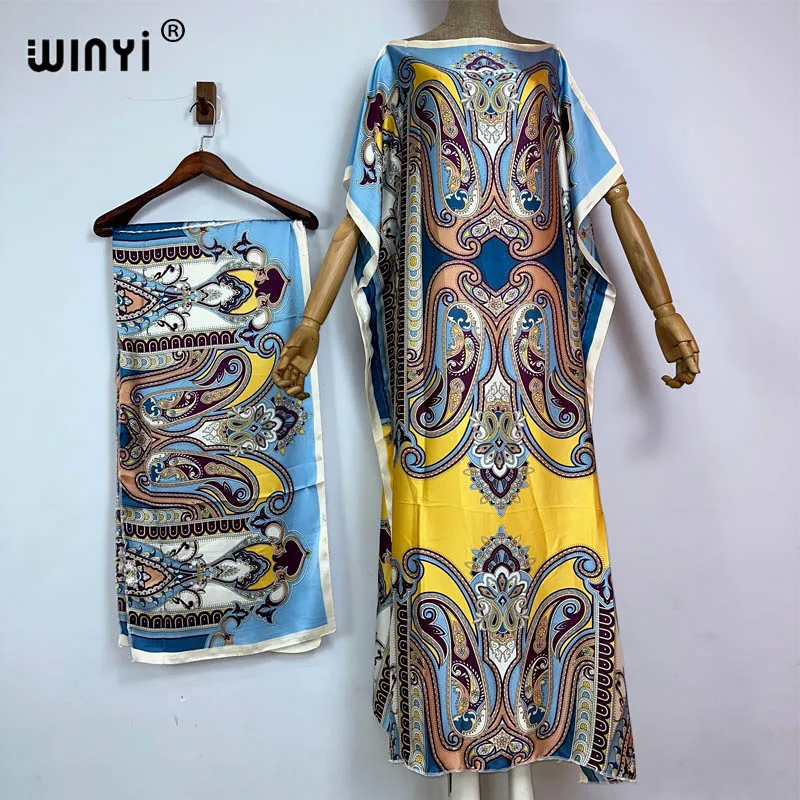 WINYI Africa boho print dress for women Dubai Muslim Dashiki abaya holiday Design With belt evening dress caftan party kaftan