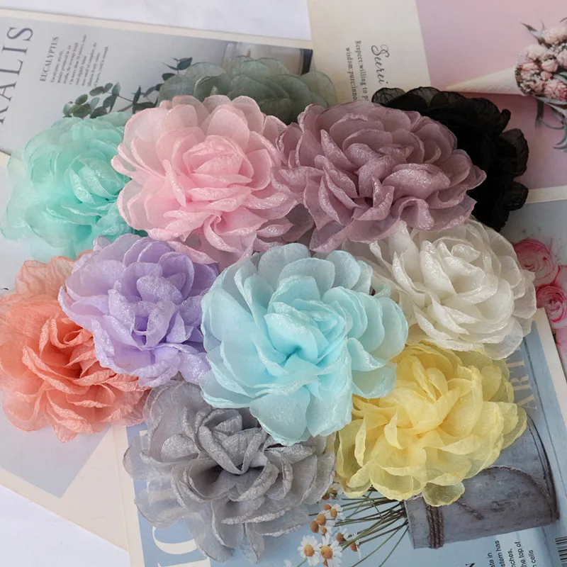 Tela de gasa grande hecha a mano, flor Artificial para vestido de novia, decoración de sombreros, 9,5 CM, 5 unidades por lote