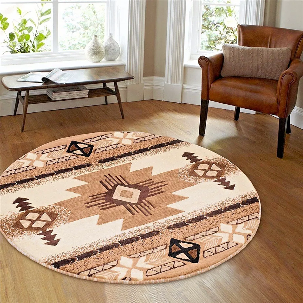 

HX Vintage Round Rug Flannel 3D Printed Ethnic Tribal Striped Splicing Carpets for Living Room Bedroom Area Rug Home Decor