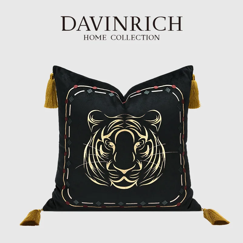 

DAVINRICH Modern Abstract Embroidered Tiger Head Throw Pillow Cover With Tassels Luxe Hand Stitch Animal Back Cushion Case 45x45