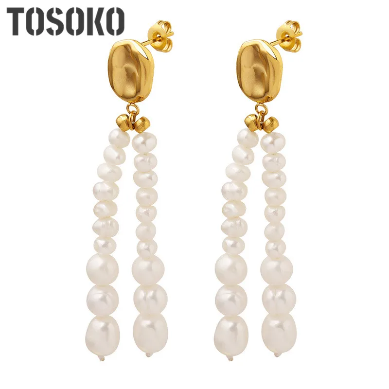 

TOSOKO Stainless Steel Jewelry Oval Freshwater Pearl Pendant Earrings Sweet Lady Exaggerated Earrings BSF206