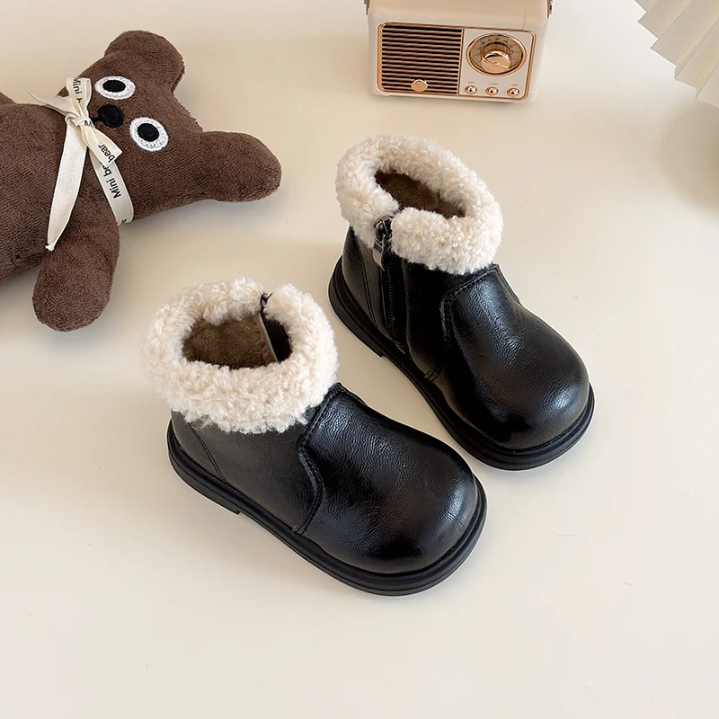 Snow Boots for Children Girls Flat Heel Mid-calf Boot Winter Footwear Boots Luxury Designer Round Toe Kids Fur Shoes Girl