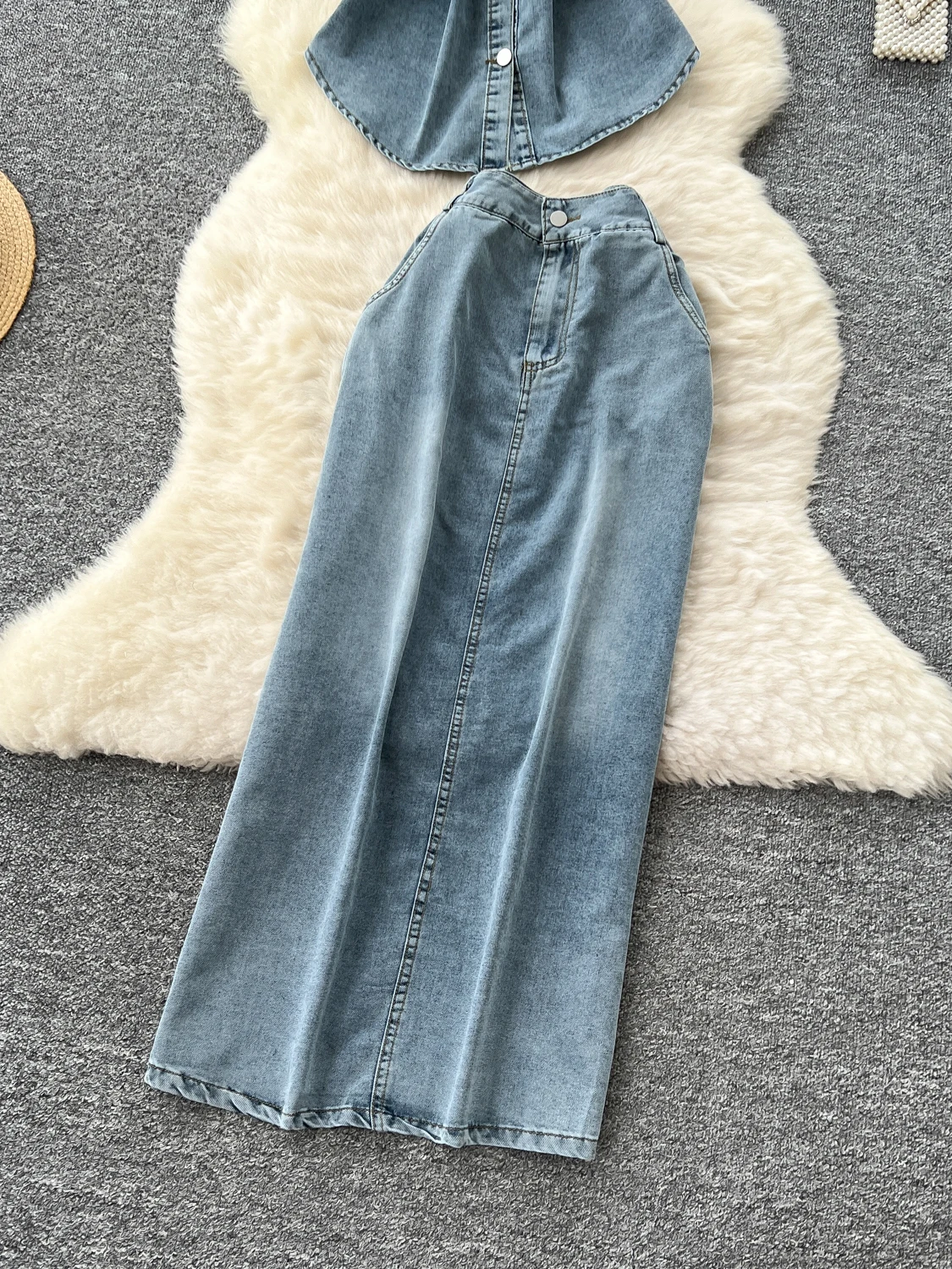 ハイウエストスリットデニムスカートと半袖トップス レディースファッションセット サマーツーピース outfits ボディコンミニドレス カジュアルウェア