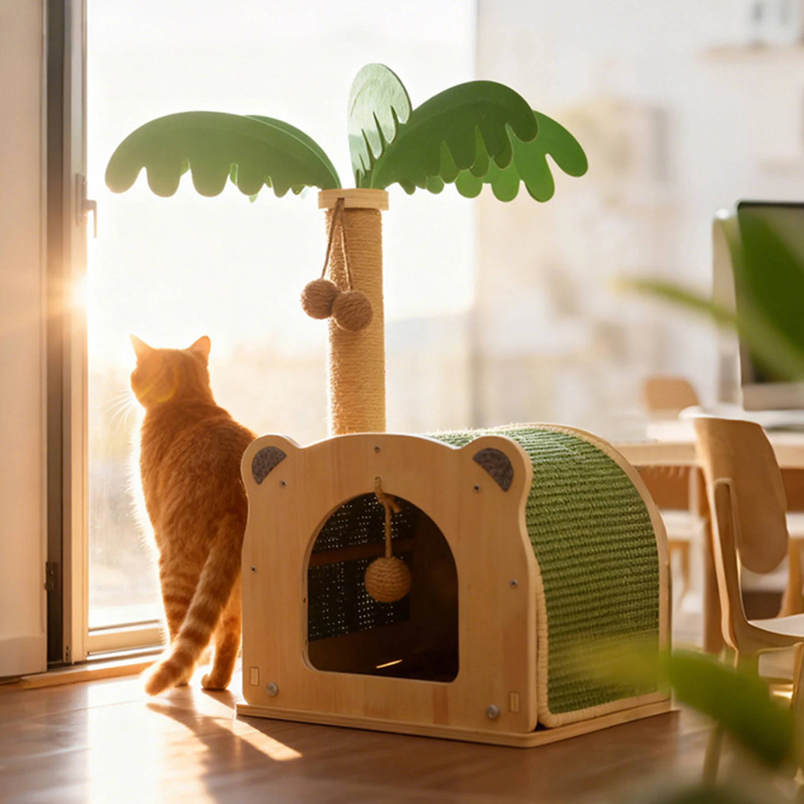 

Деревянные интерактивные когтеточки из сизаля в форме кокосовой пальмы с подвесными шариками и домиком для кошек и котят, для использования в помещении