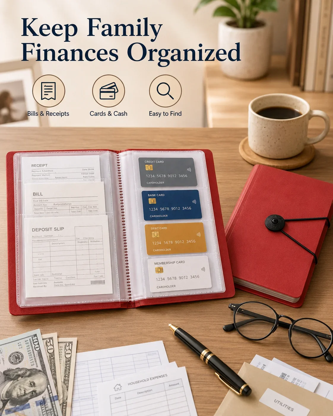 Bank Document Organizer, Multi-Function Check Receipt Binder, Waterproof Savings Certificate Folder