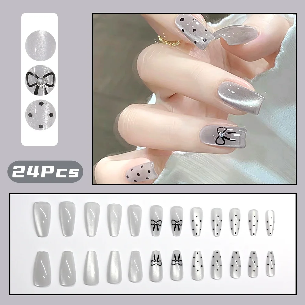 24Pcs Waterlight Cat eye Press on Fake Nails Silver Black Bow Polka Dot Pearl Design Artificial Mid Length Coffin Press On Nails