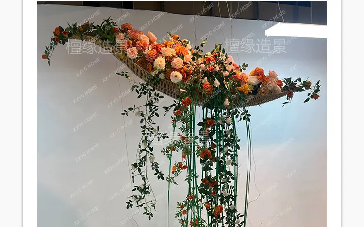 Floating Bamboo Boat Indoor Simulation Flower Landscaping, Corridor Art Decoration Installation Flower Arrangement