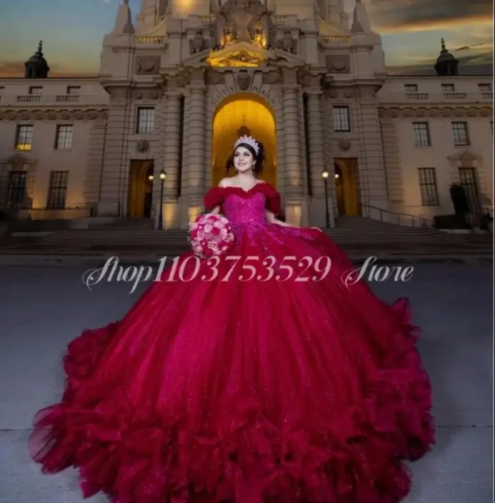 Red Princess Quinceanera Dresses 2024 Luxury Off Shoulder Lace Appliques Cathedral Train Mexico 16 year old vestidos de festa