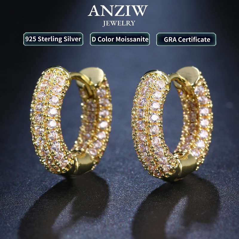 Anziw Micro Paved Full Moissanite Hoops Earrings Silver 925 Dazzling Diamond Ear Luxury Jewelry for Women Men Party Wedding Gift