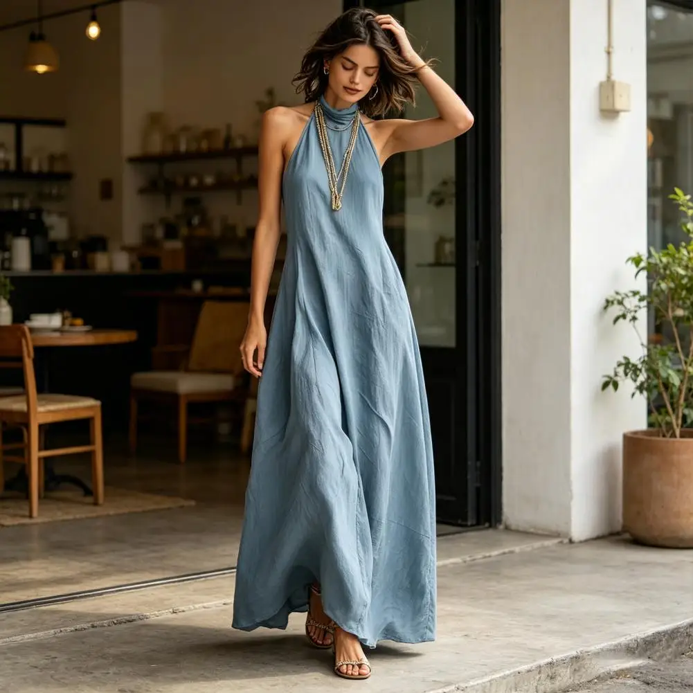 Damenkleid, Damenkleid, Sommerkleid mit Neckholder-Ausschnitt, ärmellos, A-Linie, lang, fließend, Strand- und Urlaubskleid für Damen
