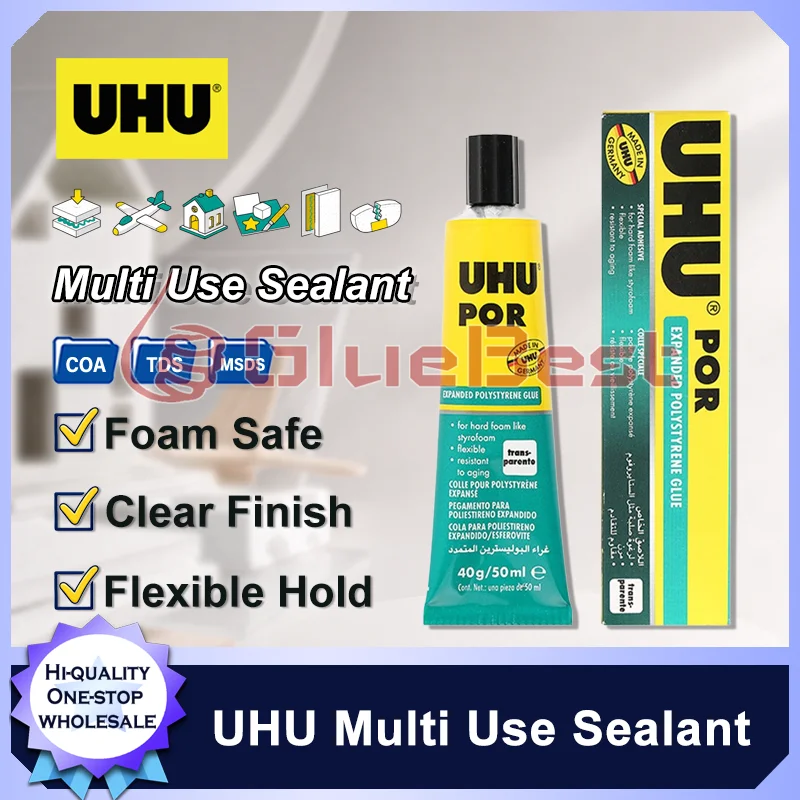 Sellador Transparente Fuerte UHU, Adhesivo Multiusos para Madera, Modelos, Vidrio, Metal, Cuero, Plástico, Manualidades, Reparaciones, Kit de 7ml y 125ml
