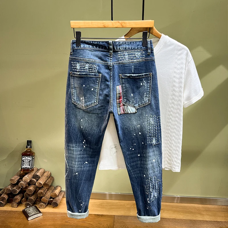 Street Fashion Men Jeans Retro Blue Stretch Slim Fit Vintage Ripped Jeans Embroidery Patched Designer Hip Hop Denim Pants Hombre