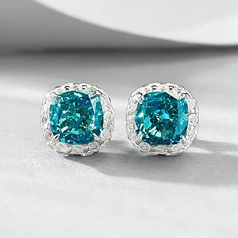 

8*8mm Fat Square Paraiba Earrings S925 Silver Ice Flower Cut High Carbon Diamond Hyper Luxury Ear Studs Birthday Valentine Gift