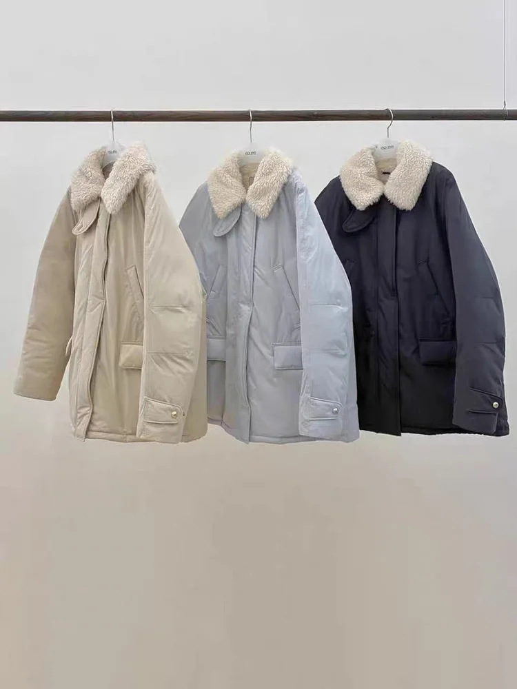 

Korean Sle Women's ort Puffer Jaet Lamb Fur Collar Loose Fit Warm Design Bread Coat Du down Filling Thiened Long Sl...