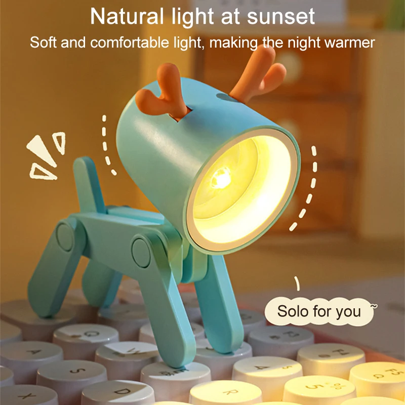 LED Mini Night Light Cute Dog Deer Foldable Desk Lamps Desktop Ornament Book Light Kids Room Bedside Bedroom Decor Holiday Gifts