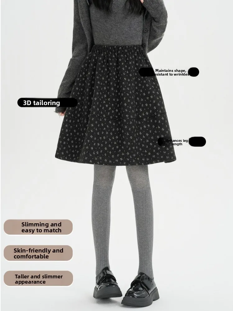 Spódnica damska z wysokim stanem, wełniana, w kwiaty, jesienno-zimowa, elegancka, rozkloszowana, midi, spódnica w kształcie kwiatowego pąka, bufiaste spódnice typu parasol.