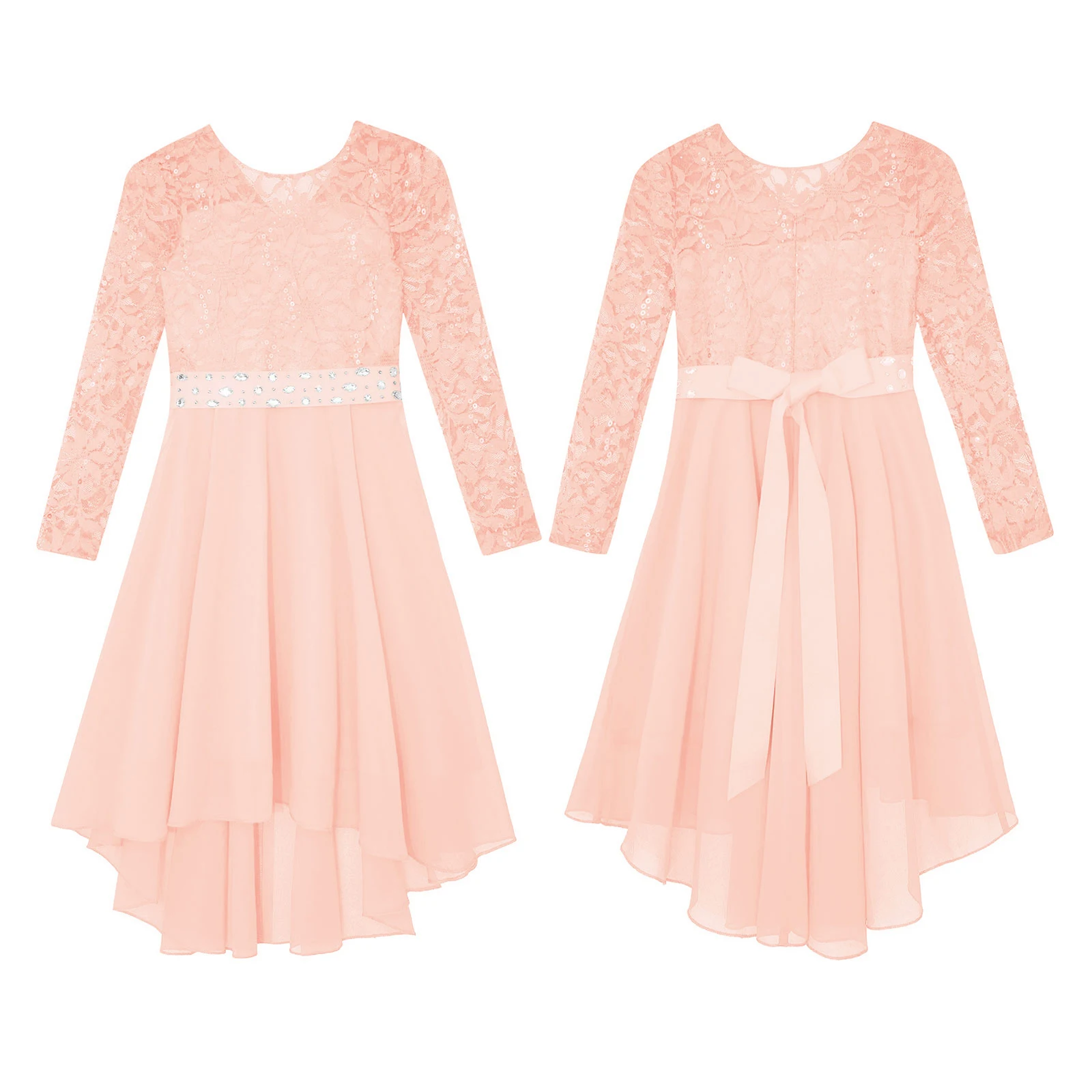 Kids Girls Elegant Lace Chiffon Party Dress Long Sleeve Hi-Low Hem Princess Gown with Sash for Wedding Birthday Evening Prom