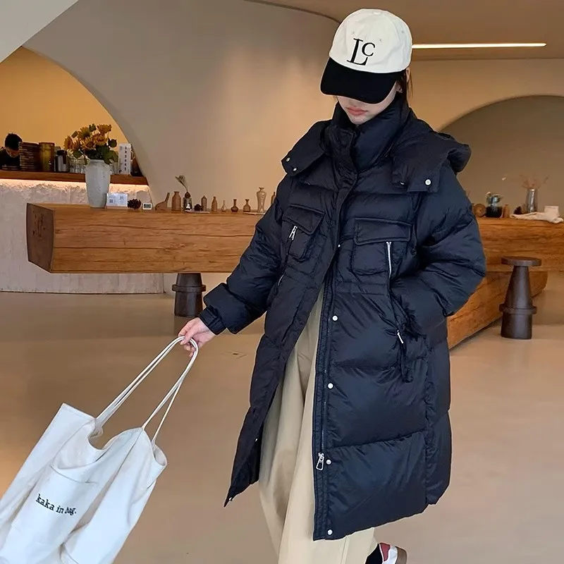 

New 2025 Women's Winter Coats White Duck Down Hooded Thick Warm Down jacket Stand Collar Drawstring Waist thin Long Coat