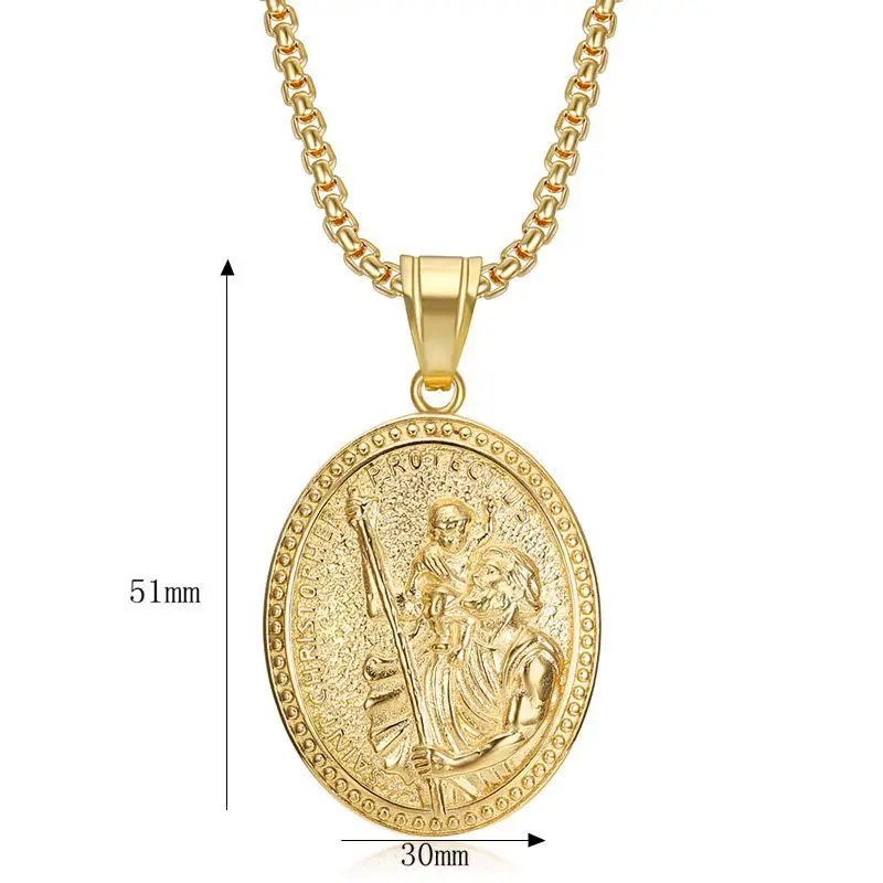 Hip Hop Bling Iced Out Stainless Steel Guardian Saint Christopher Pendants Necklace for Men Rapper Jewelry Gold Silver Color