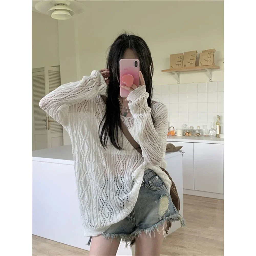 2024 Girl Hole Lazy Style Full Sleeves Jumpers Tops Hollow Out Sexy Women Fashion Casual Streetwear Femme Sweaters Pullovers