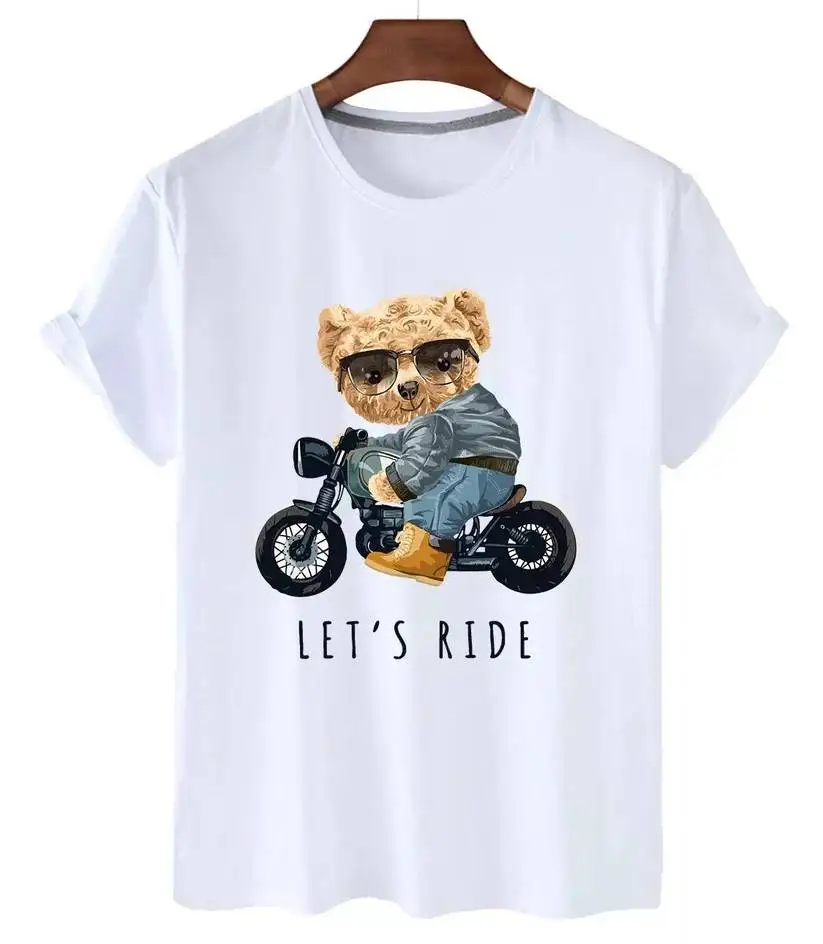 

White Tshirt Teddy Bear Motorcycle Jacket Jeans Boots Lets Ride Text Cotton Casual Top Cute Animal Design Men Women Daily Wear