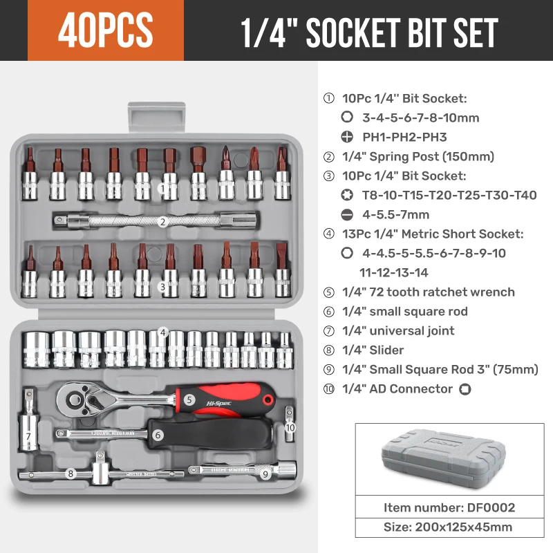 Hi-spec Car Repair Tools Set 40pcs 1/4-Inch Car Repair Kit Socket Wrench Ratchet Tool Combination Screwdriver Ratchet Wrench Set