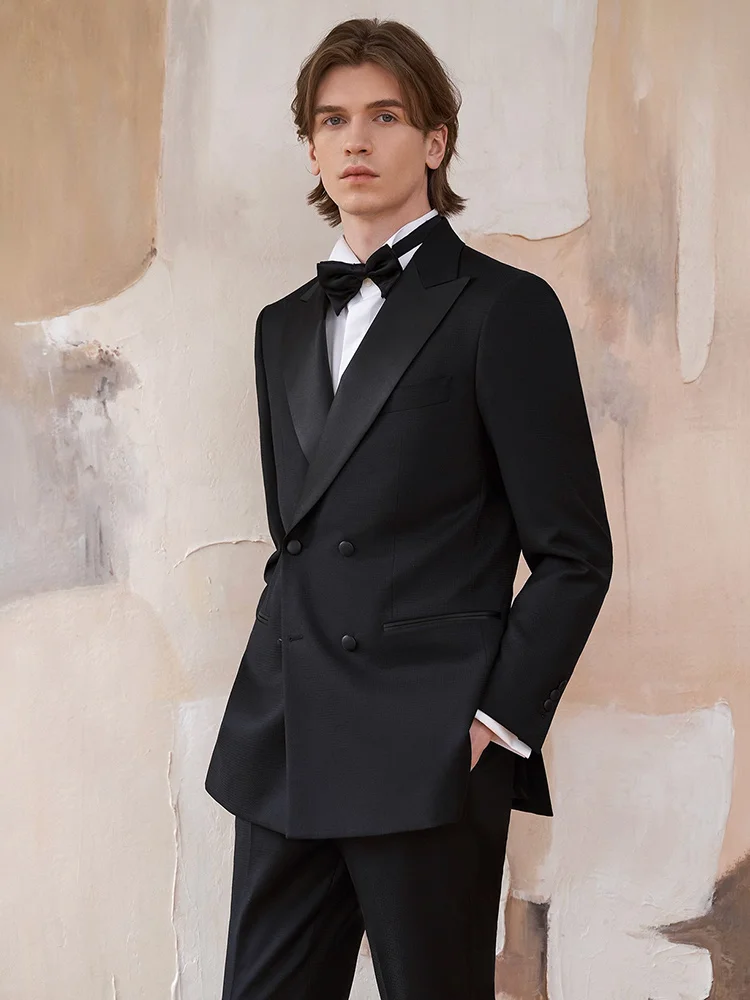 91.8% Wool 5.9% Silk Mens Luxury Suit Set Black Formal Double Breasted Slim Fit Banquet Dinner Party Clothing Wedding Groom Wear