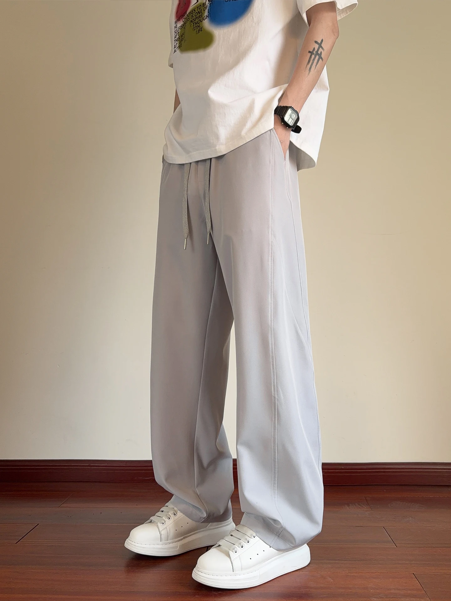 

Ice Silk Qui Dry Men's Bend Knife Pants Spring Summer Thin Loose Straight Leg Long Casual Sports Big Size Trousers