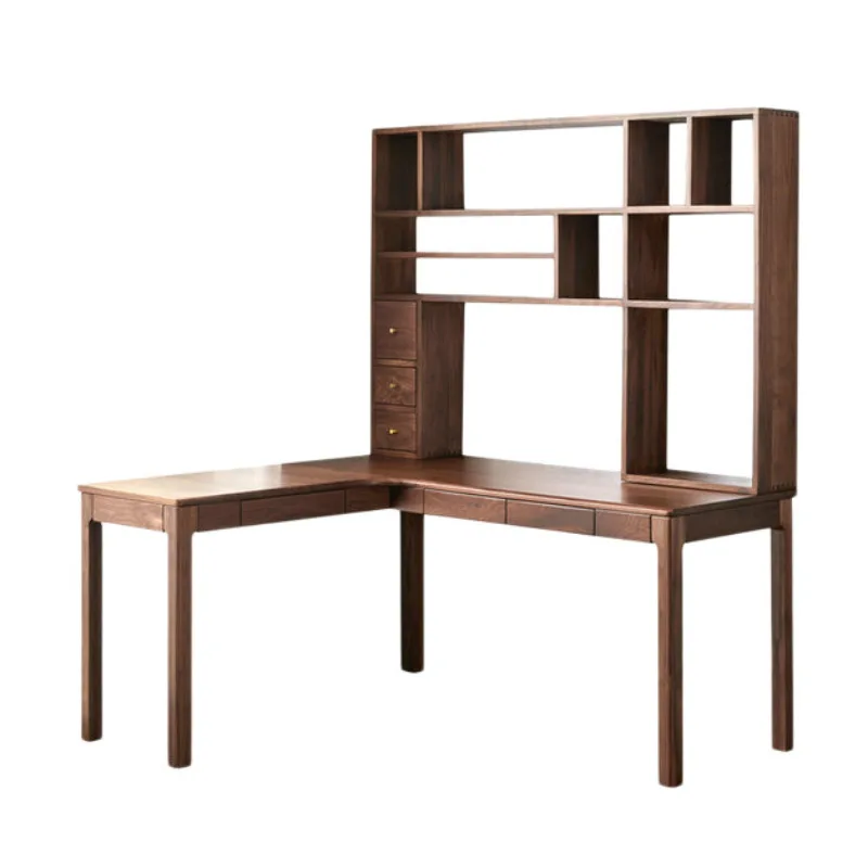 Black walnut L-shaped desk corner computer solid wood desk bookshelf cherry wood desk writing