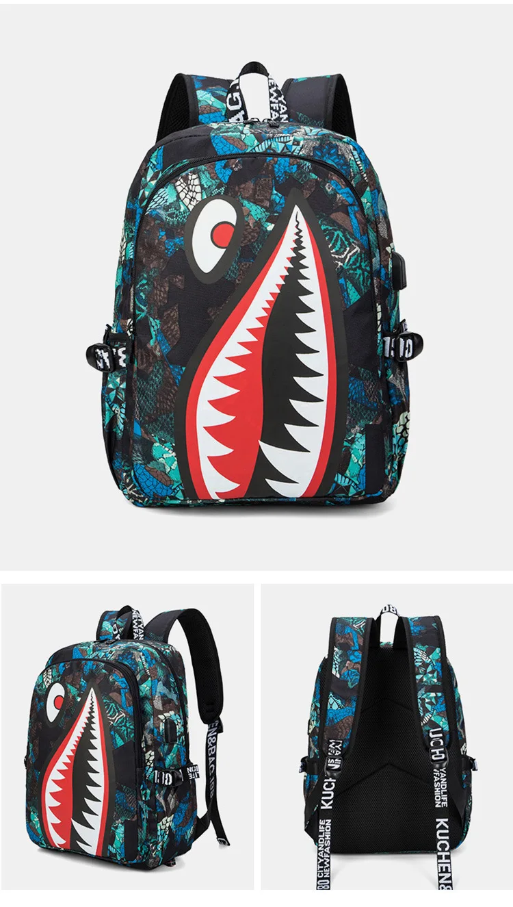 Oxford cloth shark backpack large-capacity backpack personality fashion simple backpack men