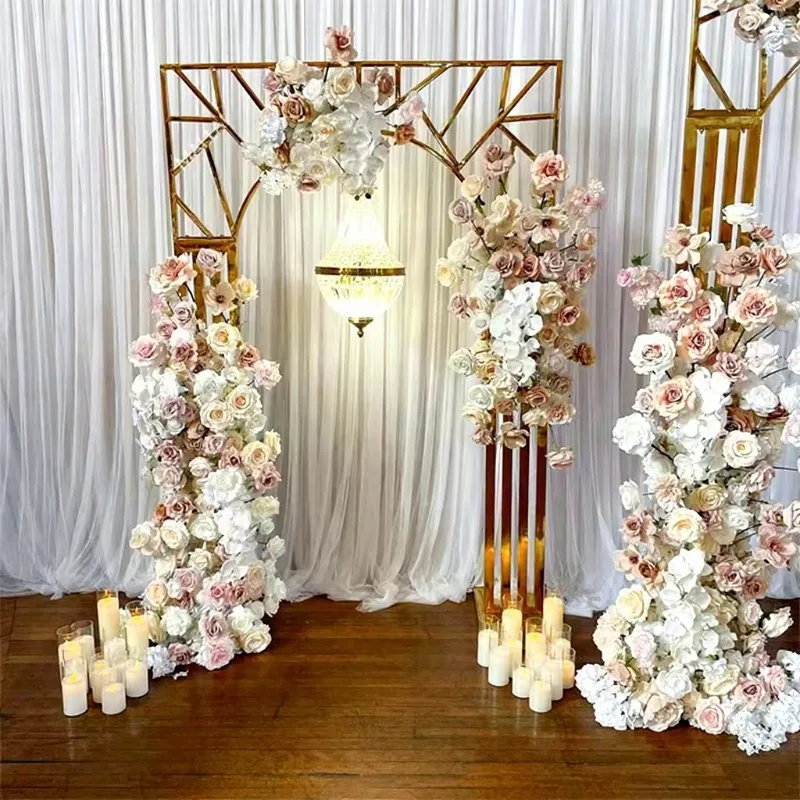 

Dream Ceremony Event Golden Stainless Steel Wedding Decoration Arch Background Disassembly Design with Artificial Flowers