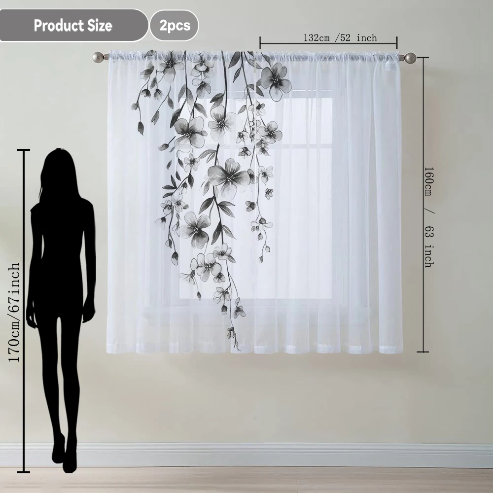 2Pcs Gray White Floral And Branch Leaf Print Home Decoration Window Screens Suitable For Coffee Shops, Restaurants, Bedrooms