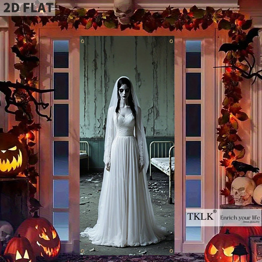 1pc Scary The Ghost Bride Door Banner, Door Cover - Polyester 100% Machine Washable, Versatile Holiday Halloween Decorations