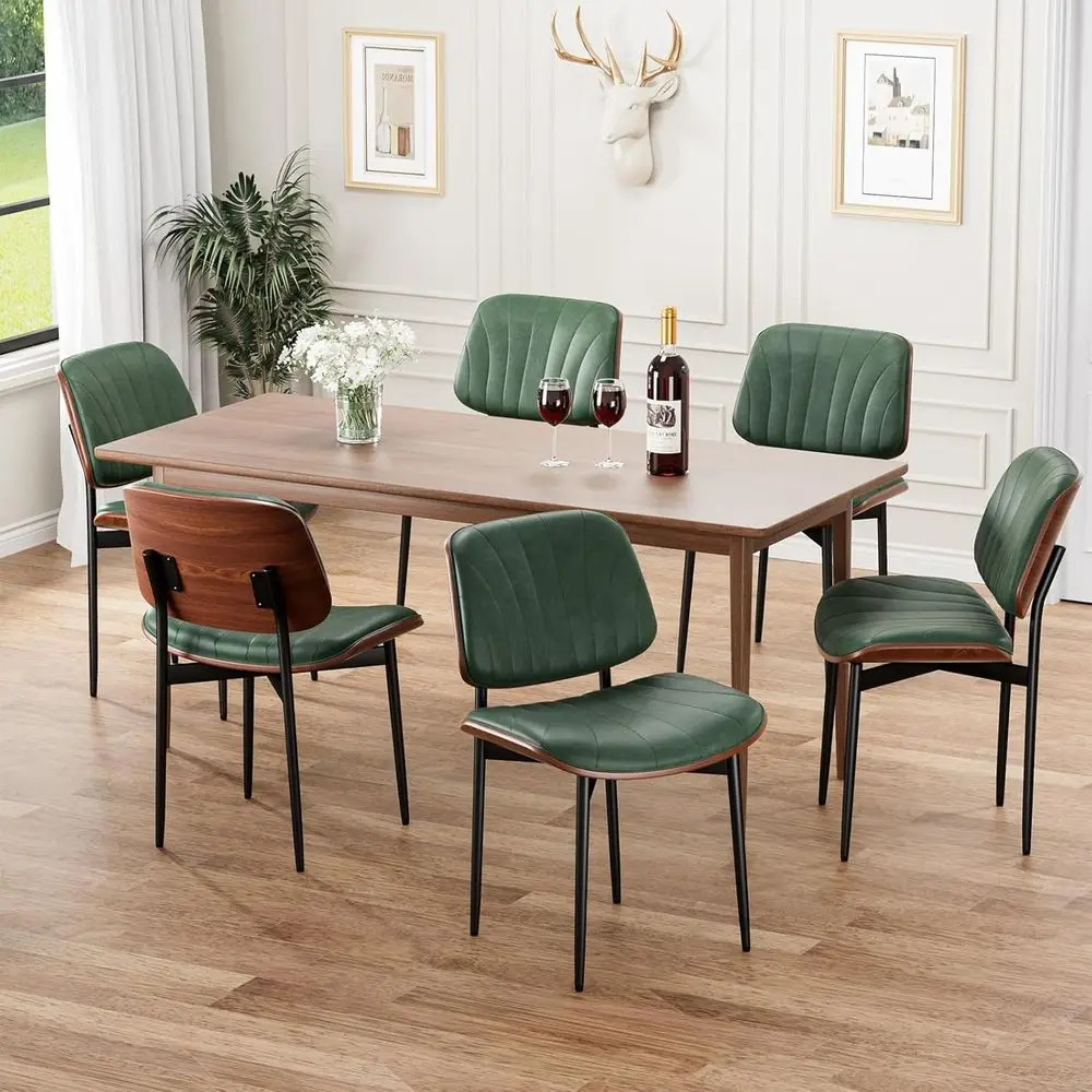 

Mid-Century Modern 6-Piece Upholstered PU Leather Dining Chairs with Walnut Bentwood Backs and Metal Legs, Suitable for Dining R