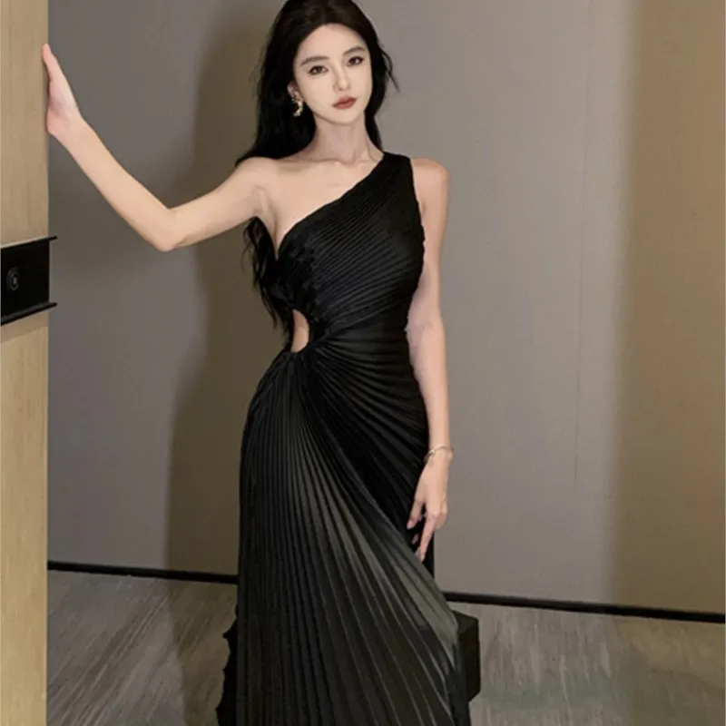 Sloping Exposed Shoulder Sling Dress Banquet Women's Elegant Black Long