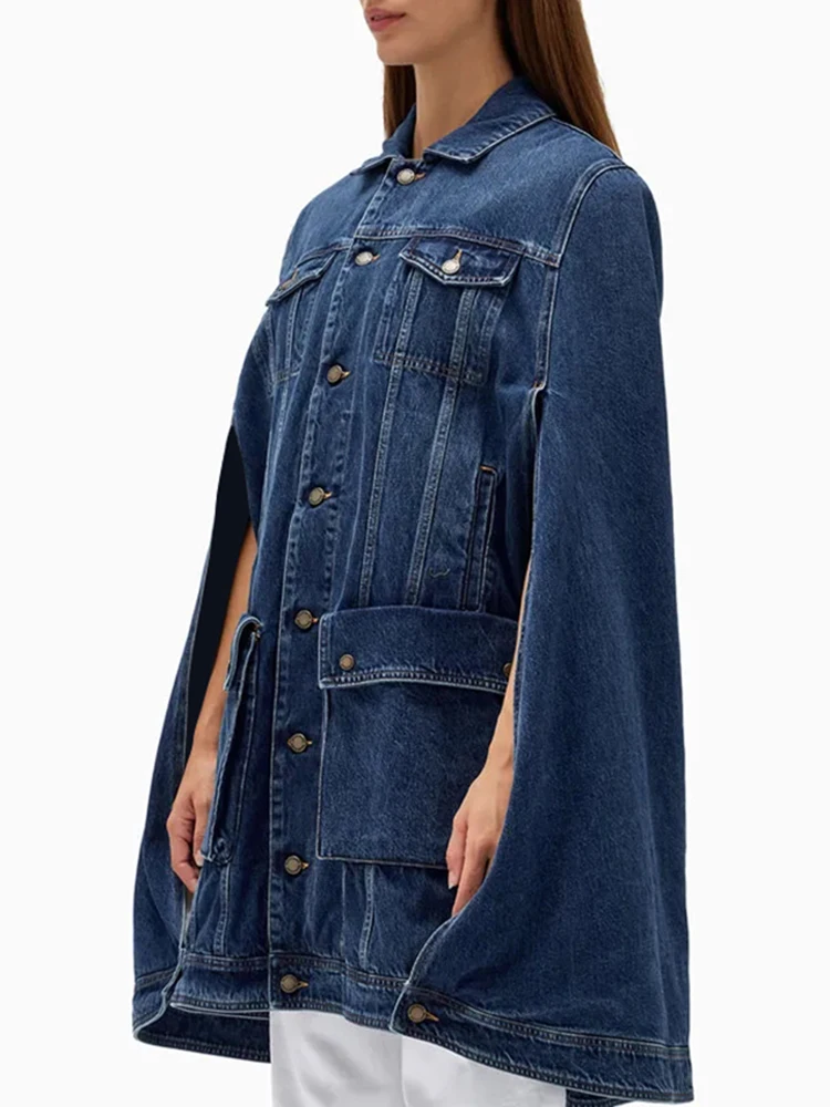 CHICEVER Vintage Chic Denim Coats For Women Lapel Cloak Sleeve Single Breasted Patchwork Pockets Streetwear Casual Coat Female