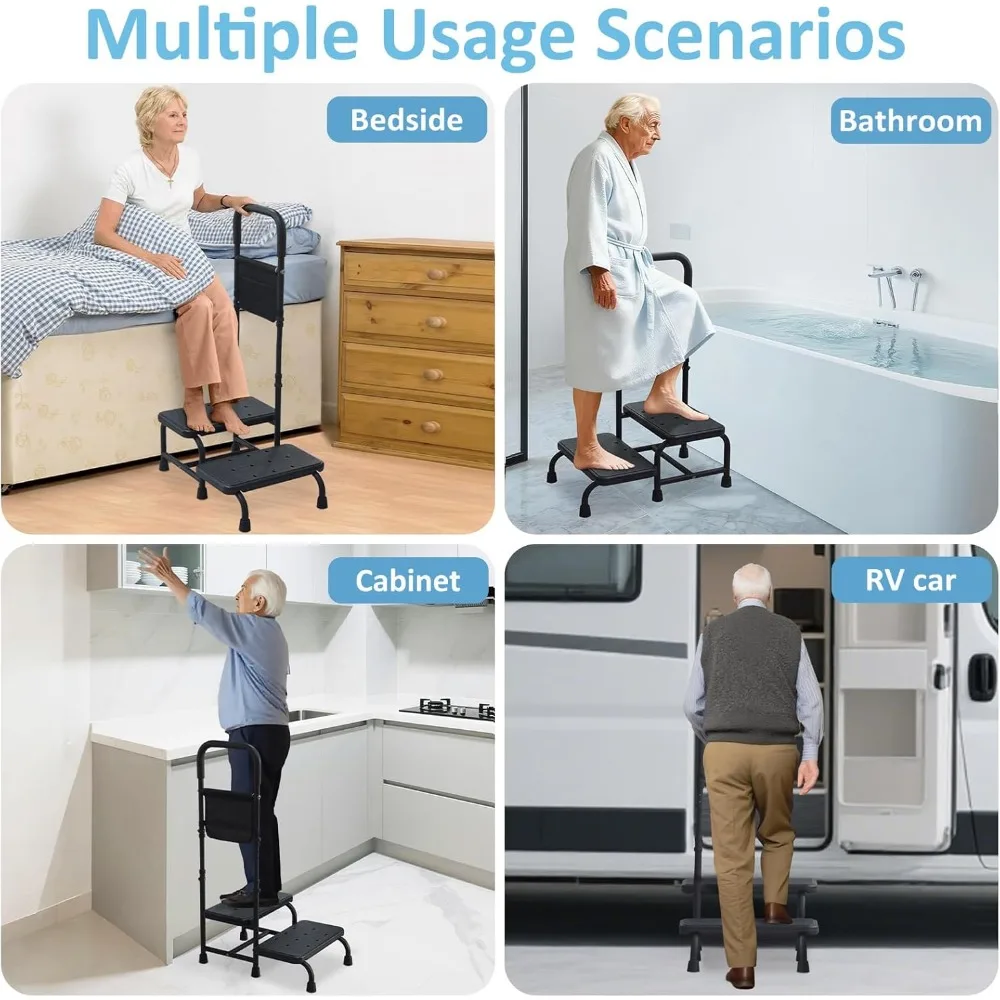 2-Step Stool with Adjustable Handrail for Elderly, Portable Non-Slip Footstool for High Beds & Kitchen Use