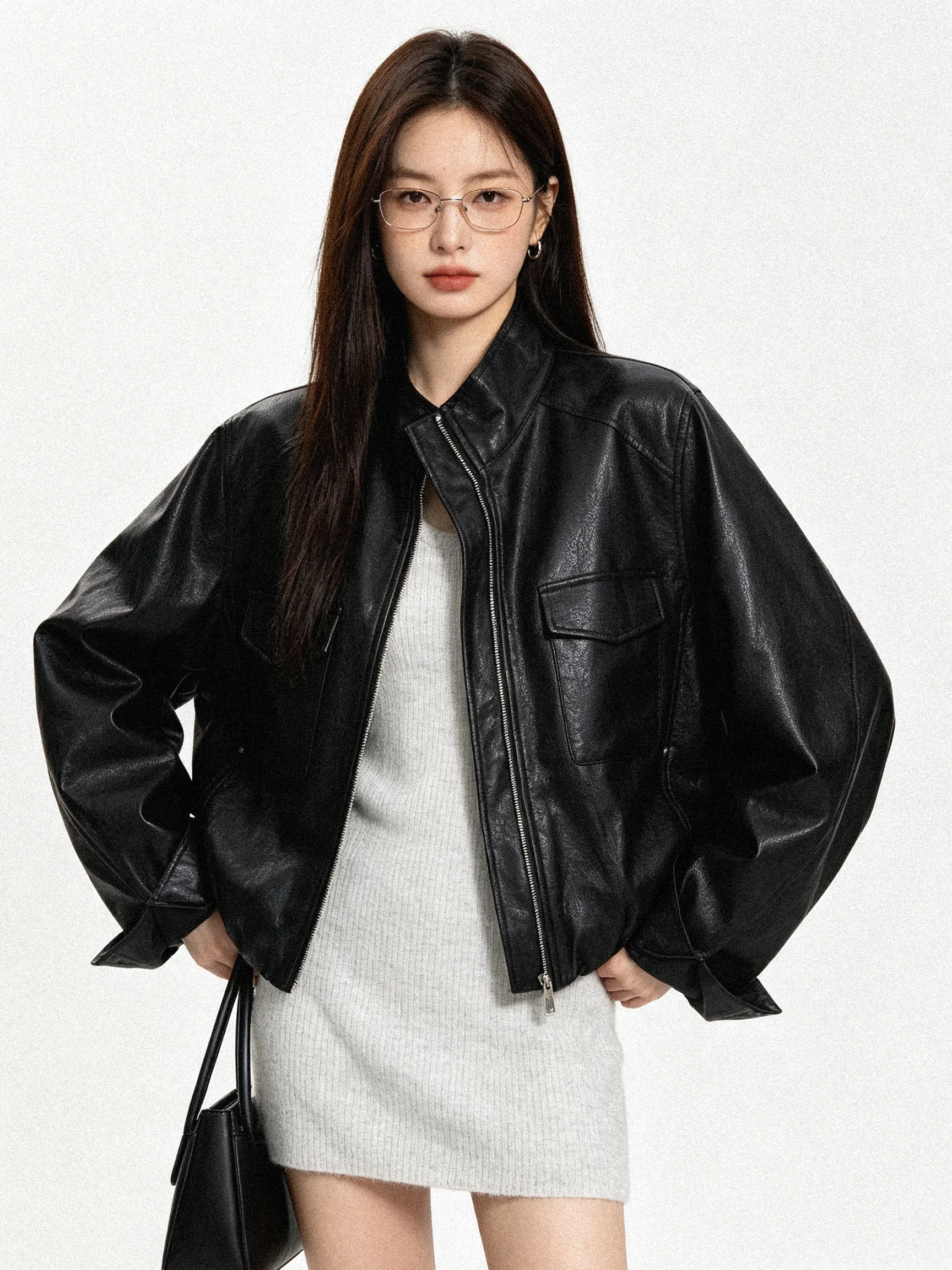 Retro Korean Style Short Biker Jacket Stand Collar Slim Fit Leather Coat for Women Autumn 2026 Fashion Casual Wear