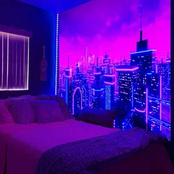 UV Reactive Punk City Fluorescent Tapestry BlackLight City Night Wall Hanging For Living Room Bedroom Japan Cityscape Home Decor