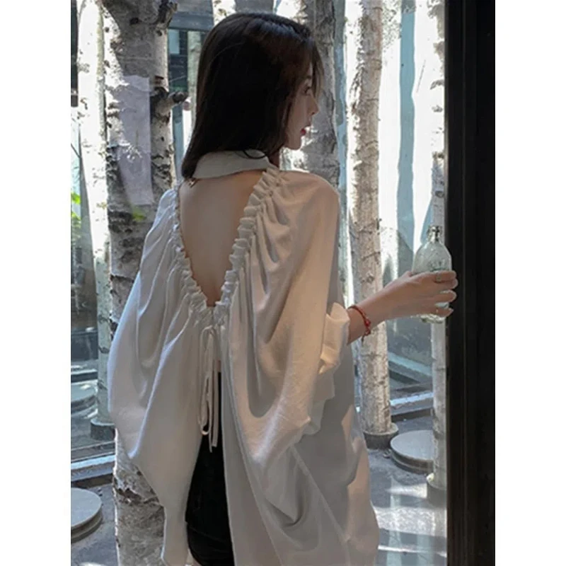 

Backless Long Sleeve Shirt Tops Spring Autumn New Polo Neck Solid Loose Lacing Lazy Style Blouse Sexy Y2K Fashion Women Clothing