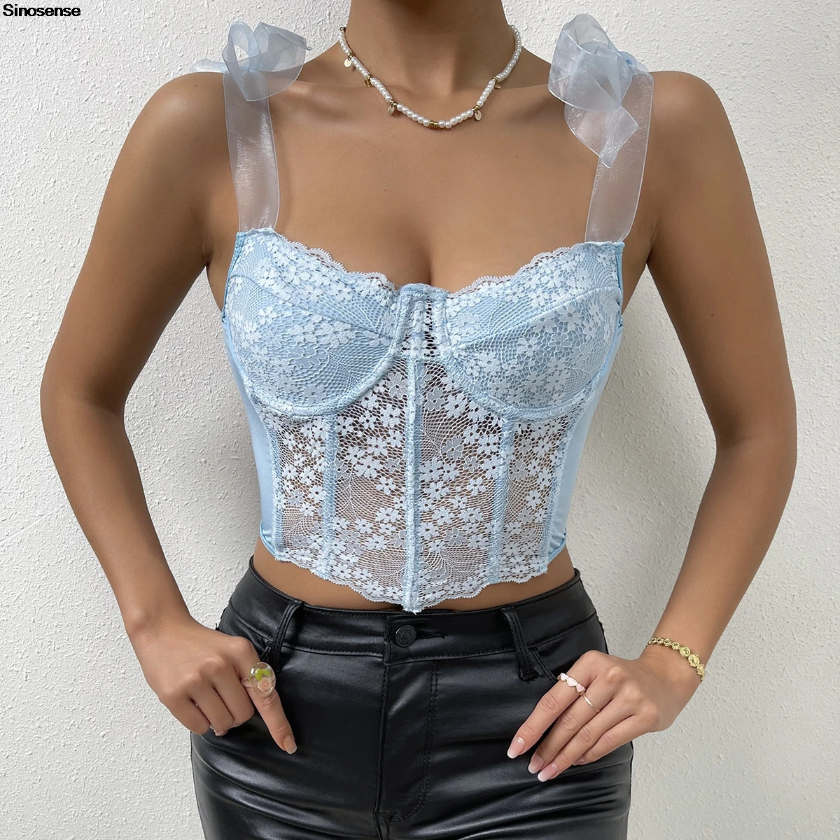 Women Floral Lace Contrast Mesh Tie Strap Bustier Top Elegant Sleeveless Curved Hem Corset Tops Y2K Night Club Party Crop Tops