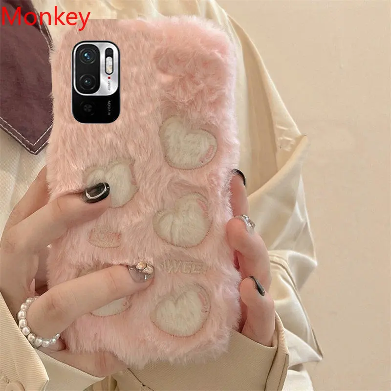 Korean Cute Love Heart Plush Warm Fluffy Phone Case For Xiaomi 12T 11T Redmi Note 12 11 10 9 S 11S 10S 9S 9T 10A 10C 9A 9C Cover