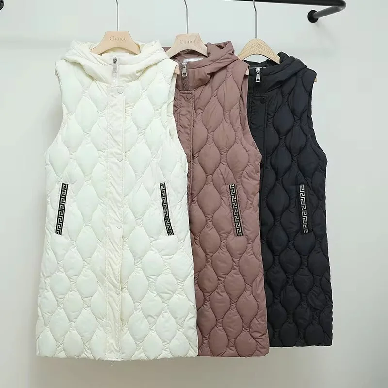 2024 Winter New Long Down Cotton Waistcoat Women Sleevless Warm Hooded Casual Vest Ladies Jacket Loose Zipper Parkas Outerwear