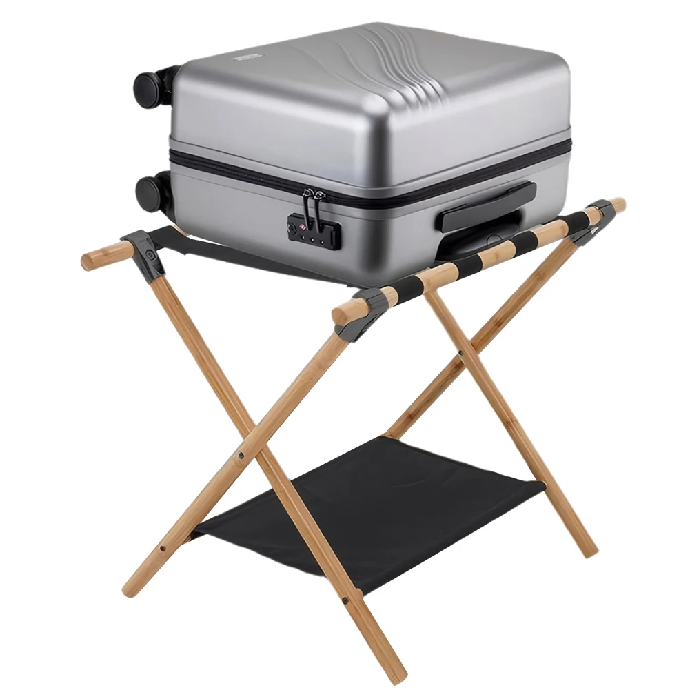 Bamboo Luggage Rack Foldable Suitcase Stand with Nylon Straps Luggage Stand for Guest Room Bedroom Hotel