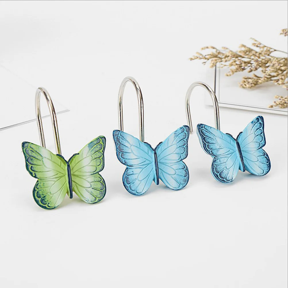 

12Pcs Flower Butterfly Hooks Stylish Resin Metal Curtain Clips for Shower Window Door Bedroom Living Room Hanging Decor Blue